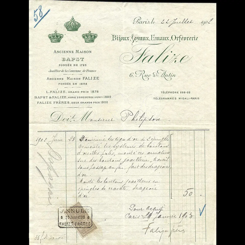 Falize - Facture De La Maison De Joaillerie, 6 Rue D'antin À Paris (1902) 1