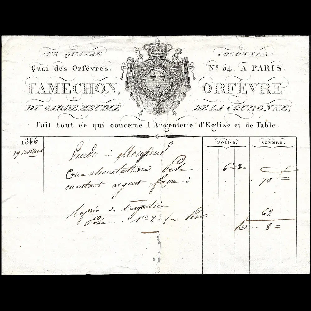 Framechon - Facture De L'orfèvre Du Garde Meuble De La Couronne, 54 Quai Des Orfèvres À Paris (1836) 1