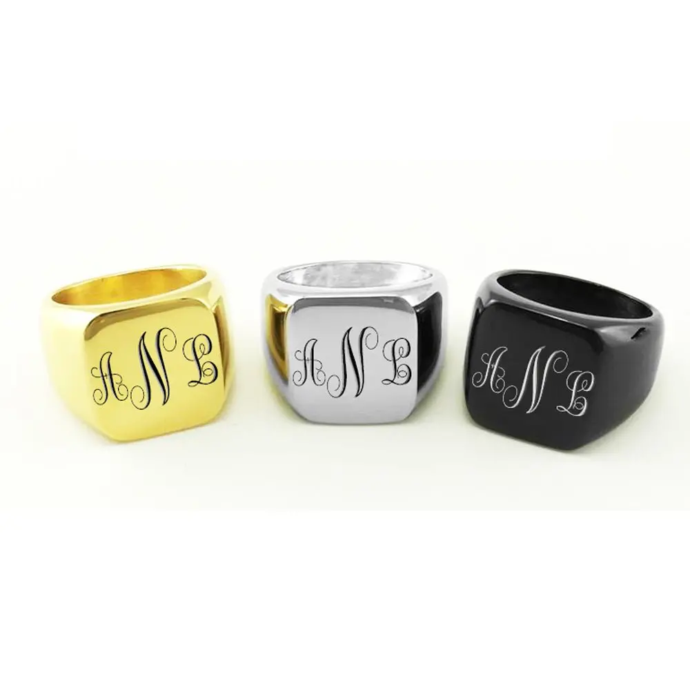 Fancy Monogram Laser Engraved Signet Ring Gold Silver Black 1