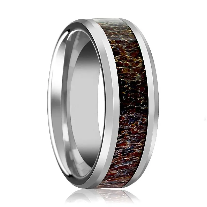 Fawn | Silver Tungsten Ring, Dark Brown Antler Inlay, Beveled 1