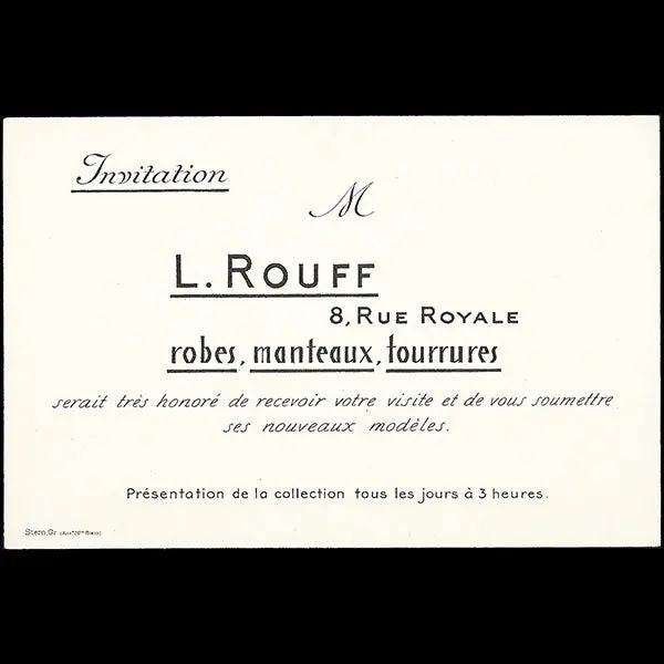 L. Rouff - Carte D'invitation De La Maison De Couture, 8 Rue Royale À Paris (Circa 1910-1920) 1