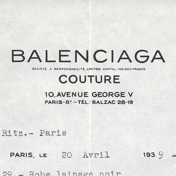 Balenciaga - Facture De La Maison De Couture 10 Avenue George V À Paris (1939) 2