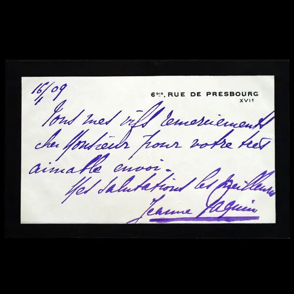 Carte Autographe Signée Par Jeanne Paquin (1909) 1