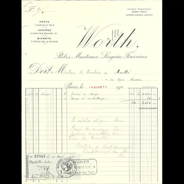 Facture De La Maison Worth, 7 Rue De La Paix, Paris (1923) 1