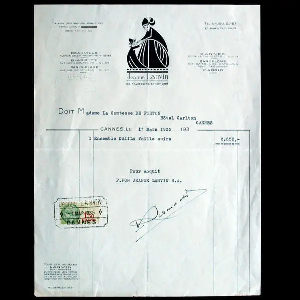 Facture De La Maison Jeanne Lanvin, Cannes (1935) 1