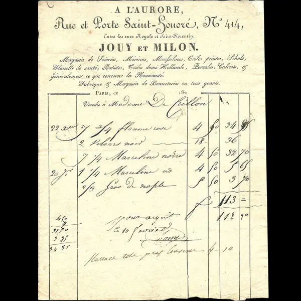 Facture Du Magasin De Soies A L'aurore, 414 Rue Et Porte Saint-Honoré À Paris (Circa 1820) 1