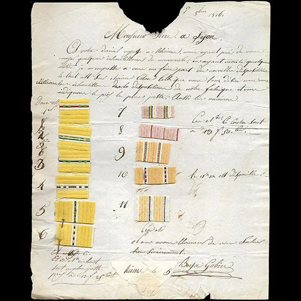 Serre Et Cie - Correspondance Avec Échantillons Adressée Au Négociant En Tissus Par Beya Gobin (1816) 1