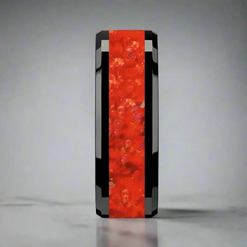 Nova | Black Ceramic Ring, Red Opal Inlay, Beveled 4