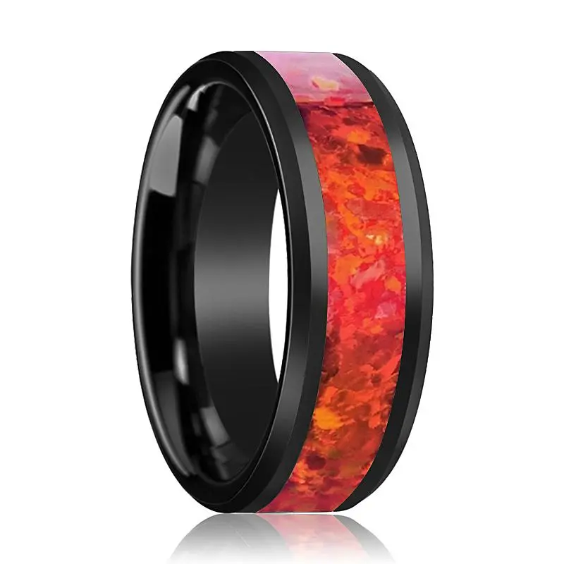 Nova | Black Ceramic Ring, Red Opal Inlay, Beveled 1