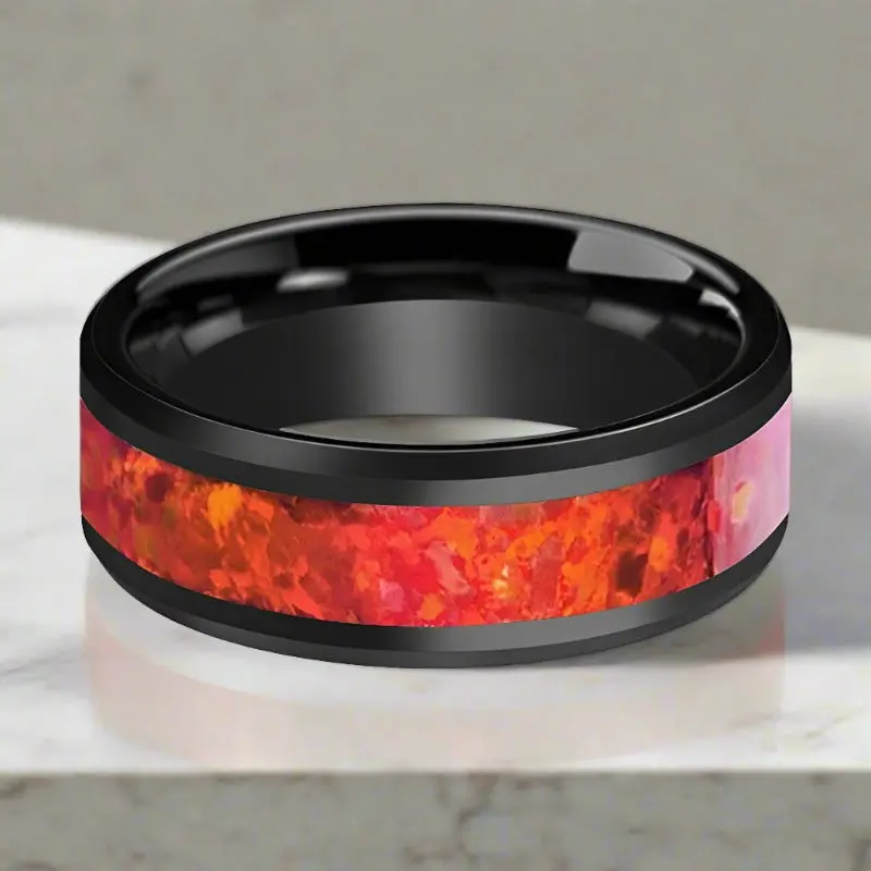 Nova | Black Ceramic Ring, Red Opal Inlay, Beveled 3