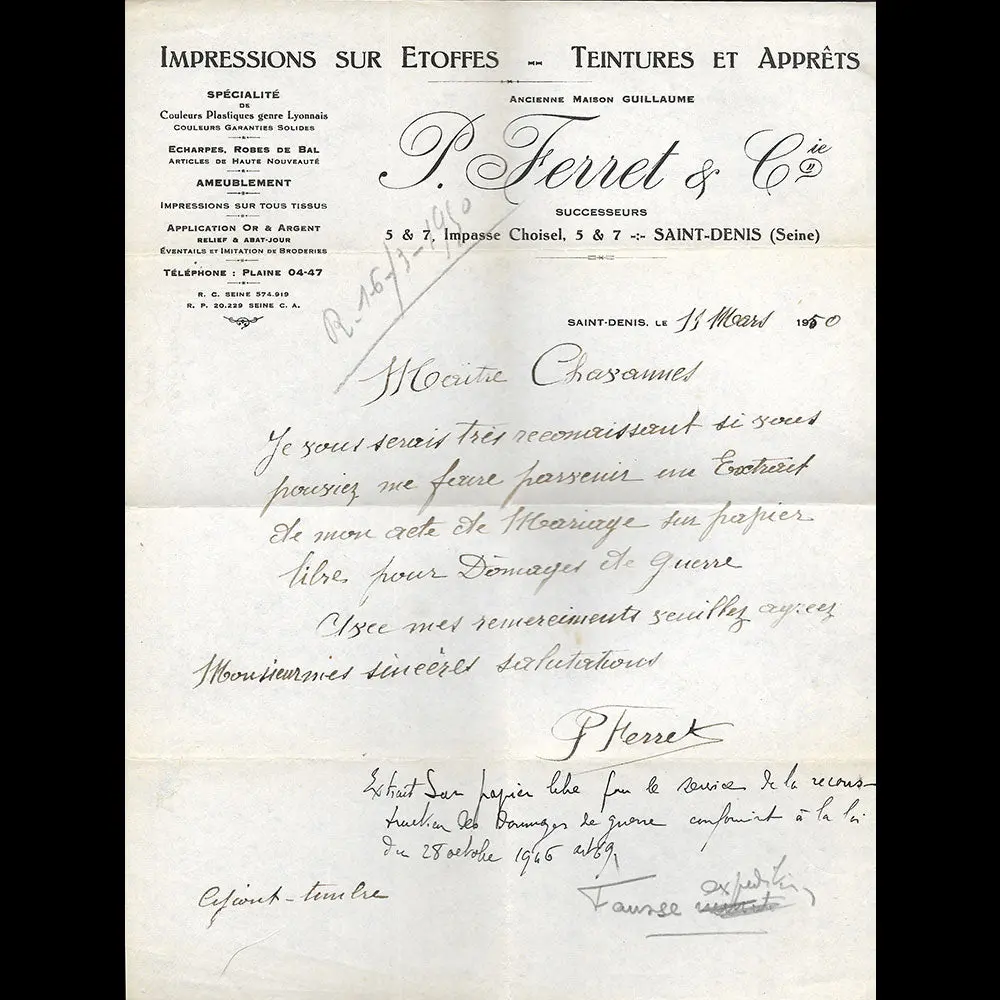 Ferret Et Cie - Correspondance De La Maison D'impressions Sur Étoffes, Impasse Choisel À Saint-Denis (1950) 1