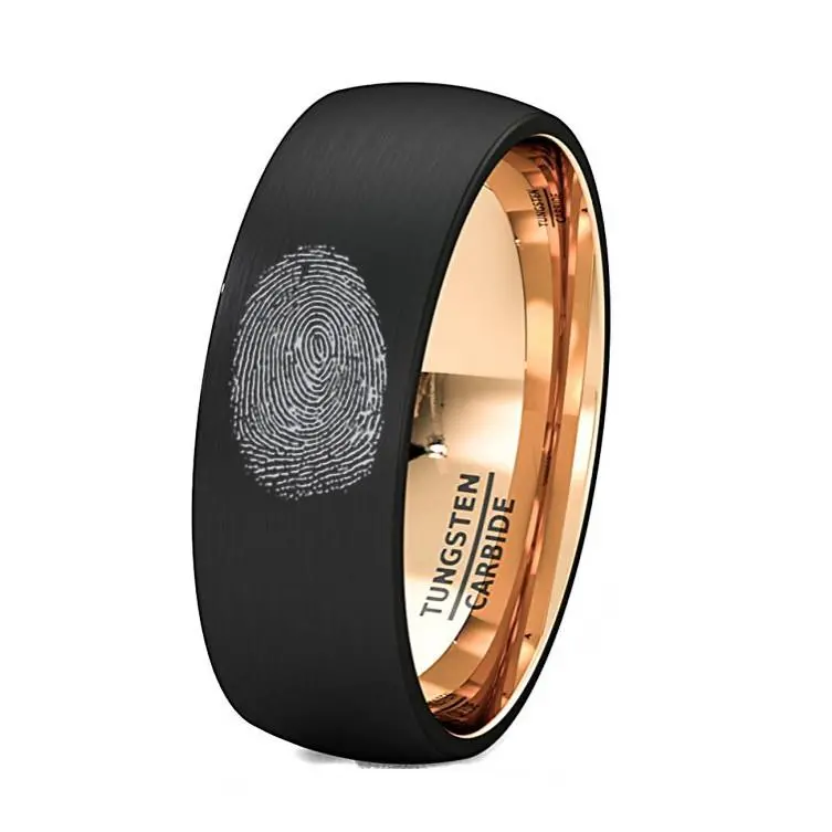 Finger Print Engraved Rose Gold Inlay Tungsten Ring Brushed Dome Comfort Fit 2