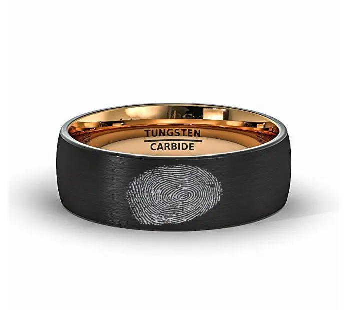 Finger Print Engraved Rose Gold Inlay Tungsten Ring Brushed Dome Comfort Fit 1