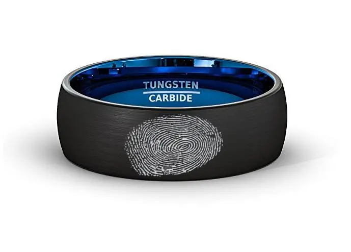 Finger Print Engraved Two Tone Black Brushed Men's Tungsten Wedding Band With Blue Interior Domed- 8Mm 1