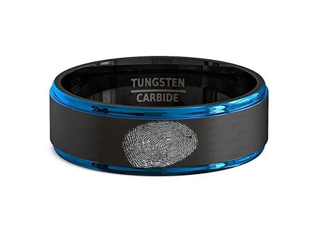 Finger Print Engraved Two-Tone Black Brushed Tungsten Ring With Blue Step Edges 1