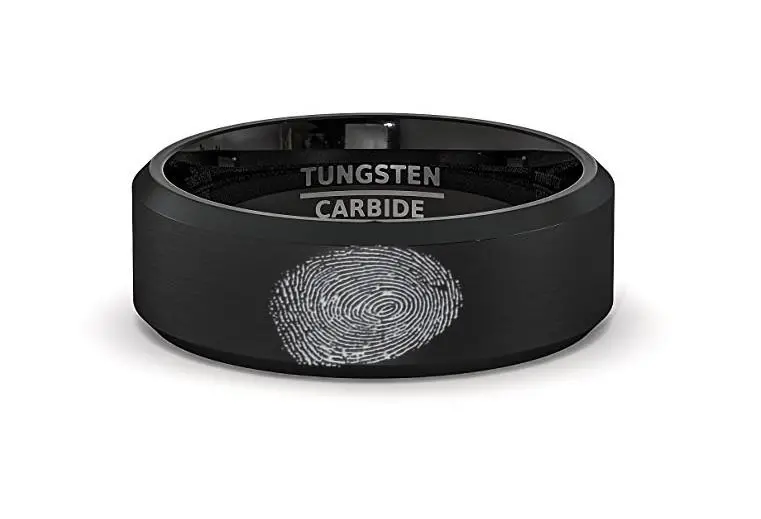 Fingerprint Engraved Black Tungsten Men's Wedding Band With Beveled Edges 1
