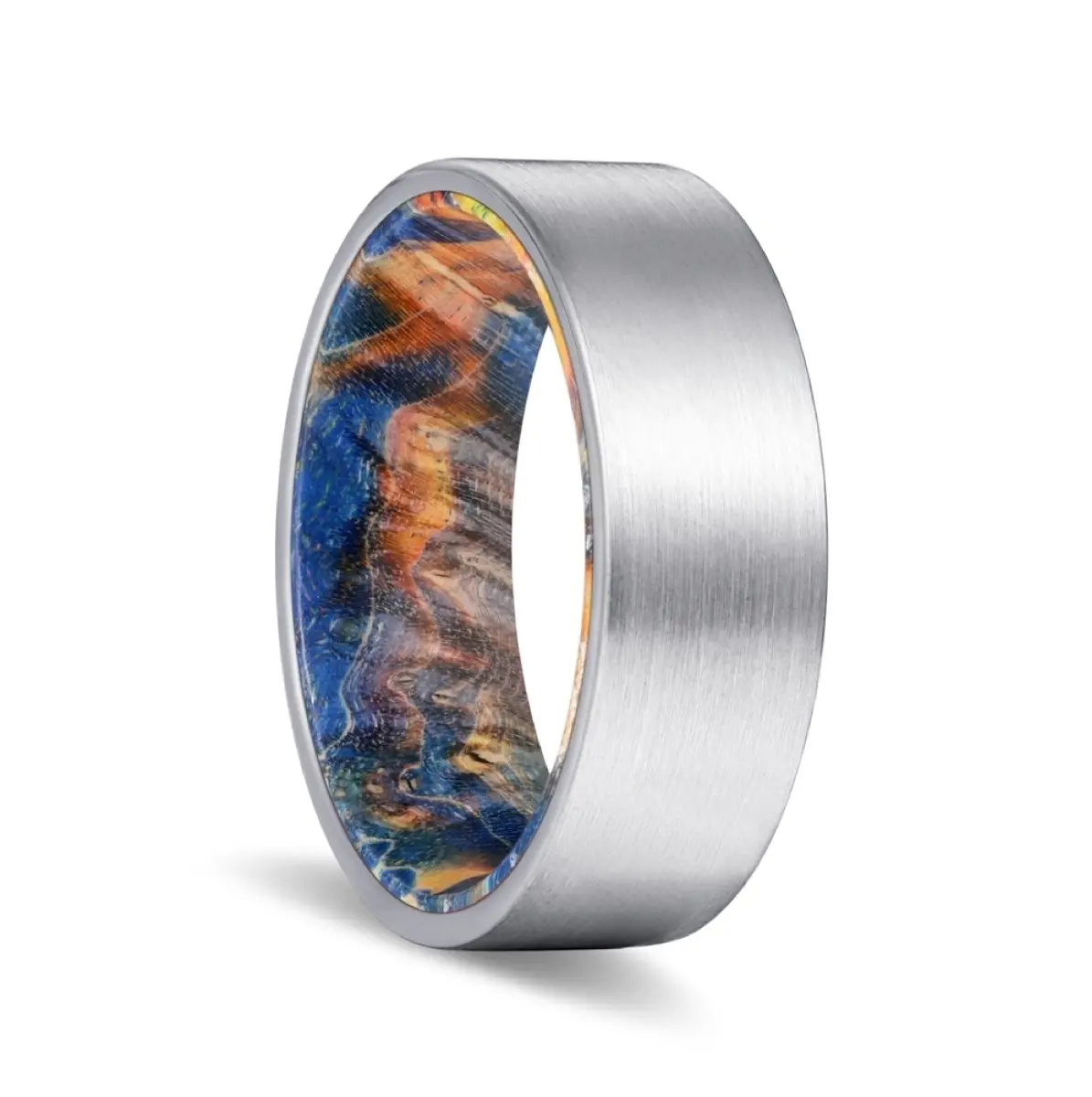 Fisher | Blue & Yellow/Orange Wood, Silver Tungsten Ring, Brushed, Flat 1