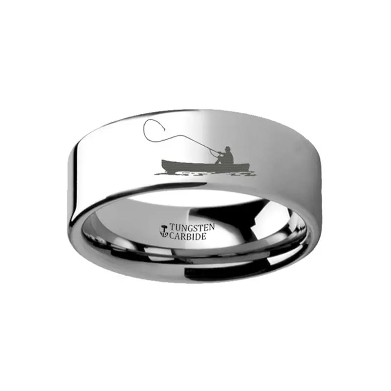 Fishing Boat Hunting Landscape Scene Engraved Flat Polished Tungsten Wedding Ring For Men And Women - 4Mm - 12Mm 1