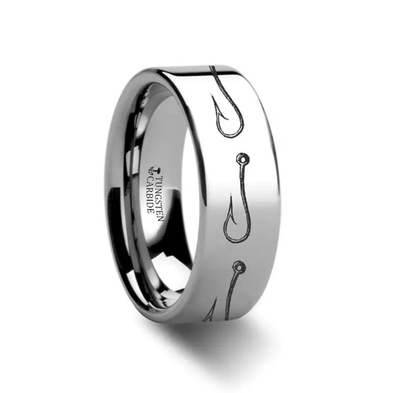 Fishing Hook Sea Pattern Print Laser Engraved Flat Tungsten Carbide Ring For Men And Women - 4Mm - 12Mm 1
