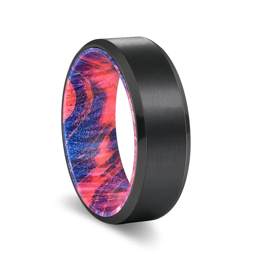 Flame | Blue And Red Wood, Black Tungsten Ring, Brushed, Beveled 1