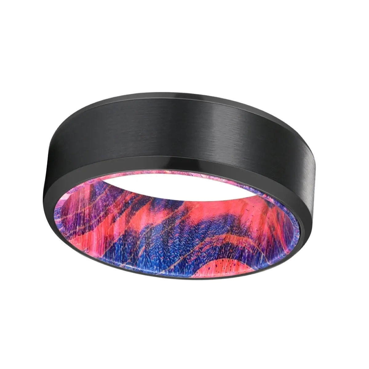 Flame | Blue And Red Wood, Black Tungsten Ring, Brushed, Beveled 2