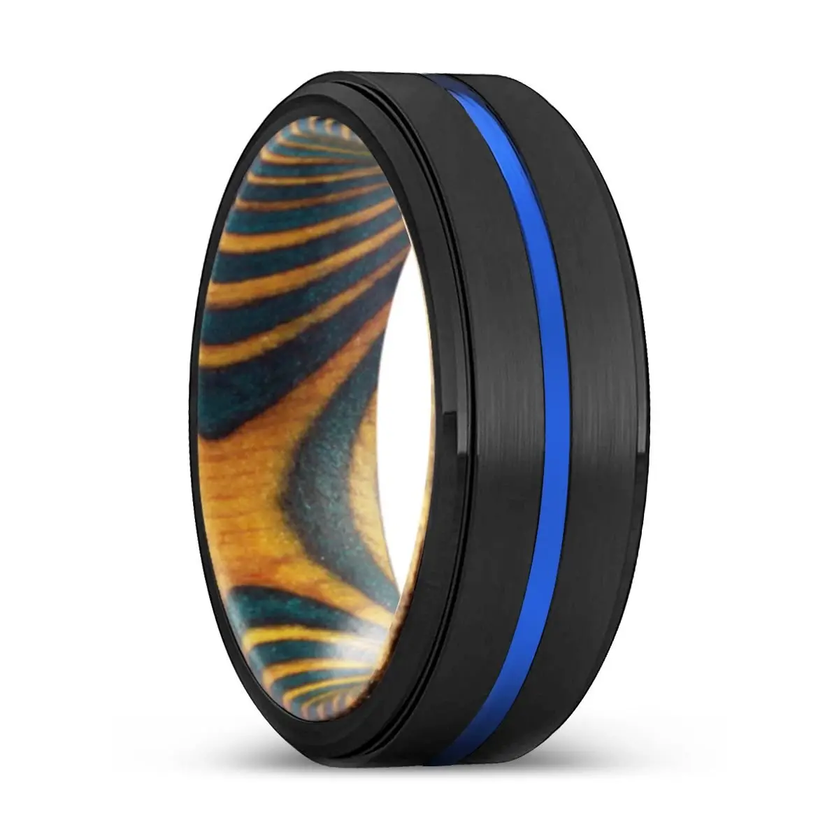 Flaming | Green & Yellow Wood, Black Tungsten Ring, Blue Groove, Stepped Edge 1