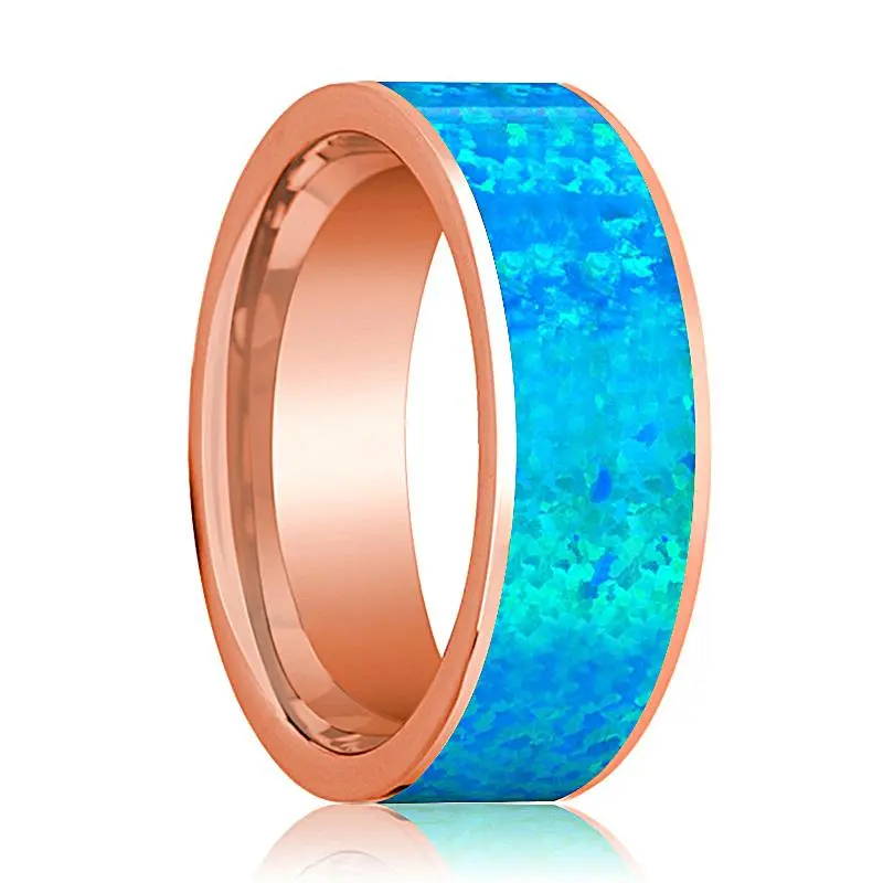 Flat 14K Rose Gold Men's Wedding Band With Blue Opal Inlay Polished Finish - 8Mm 1