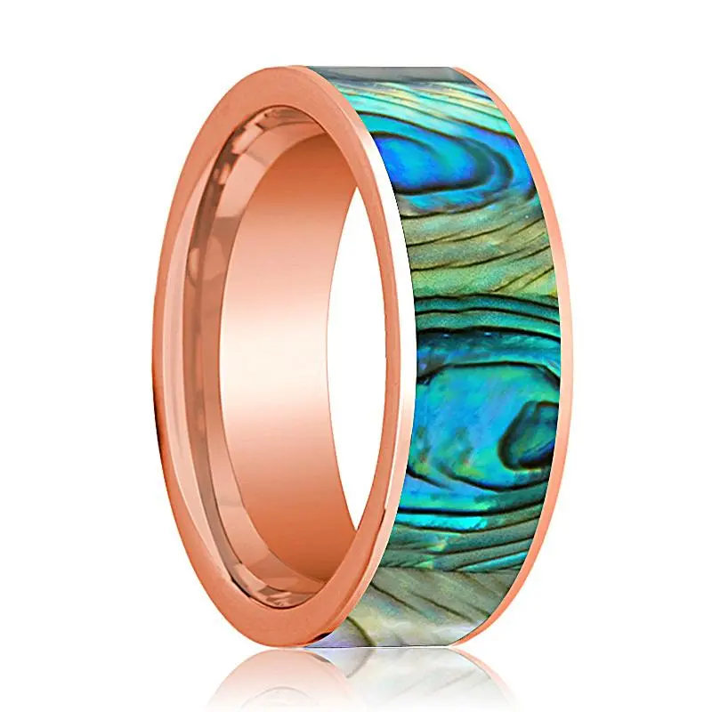 Flat 14K Rose Gold Men's Wedding Band With Mother Of Pearl Inlay Polished Finish - 8Mm 1