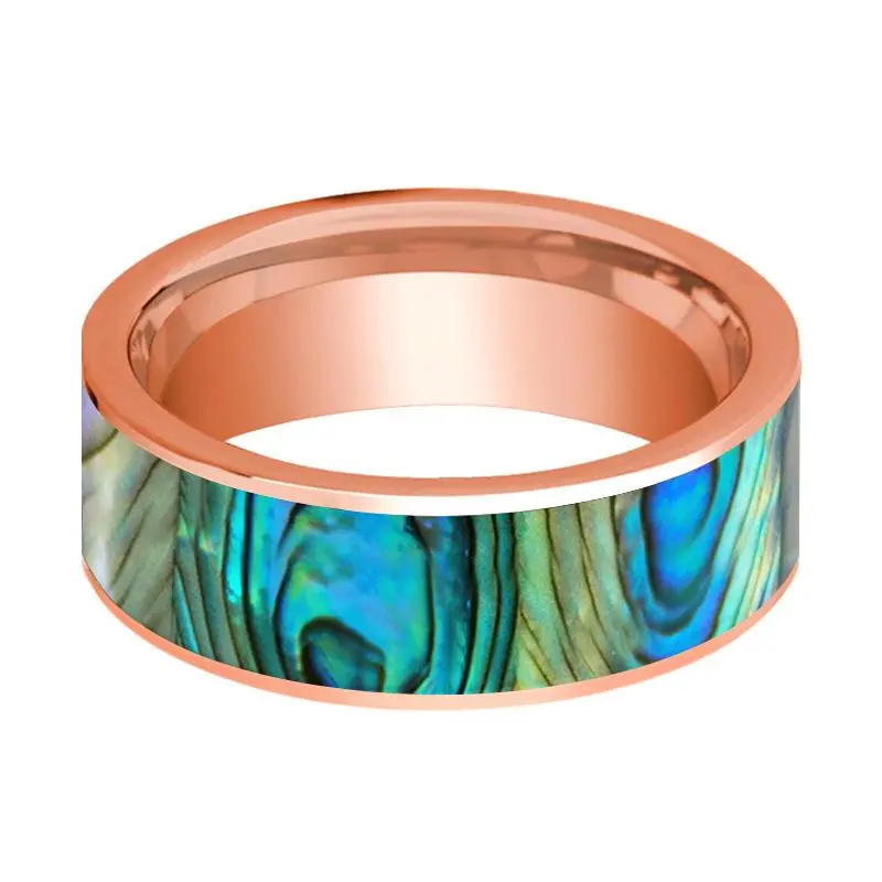 Flat 14K Rose Gold Men's Wedding Band With Mother Of Pearl Inlay Polished Finish - 8Mm 2