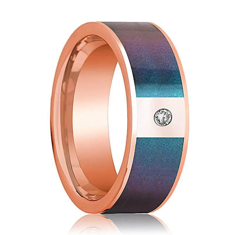 Flat 14K Rose Gold Wedding Band For Men With Blue/Purple Color Changing Inlay And Diamond - 8Mm 1