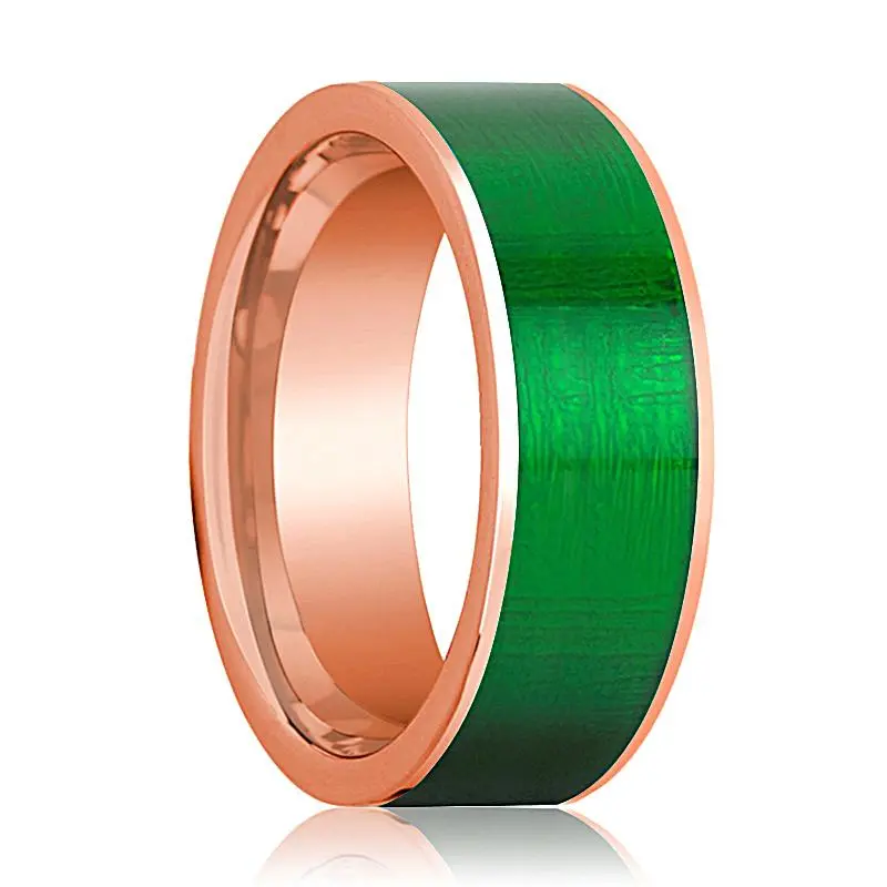 Flat 14K Rose Gold Wedding Band For Men With Green Texture Inlay Polished Finish - 8Mm 1