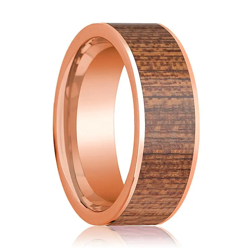 Flat 14K Rose Gold Wedding Band For Men With Sapele Wood Inlay - 8Mm 1