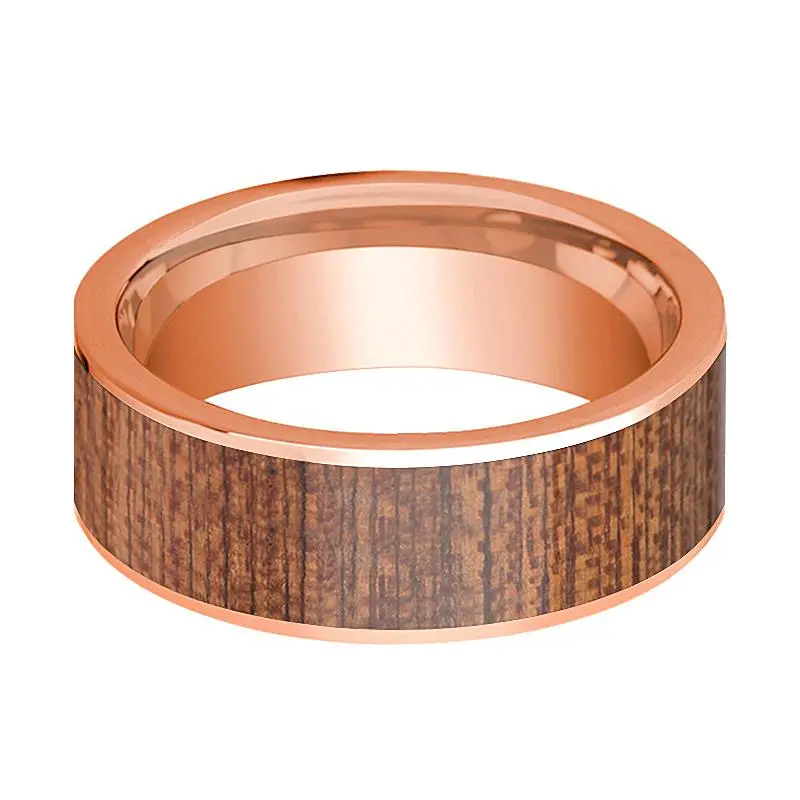 Flat 14K Rose Gold Wedding Band For Men With Sapele Wood Inlay - 8Mm 2