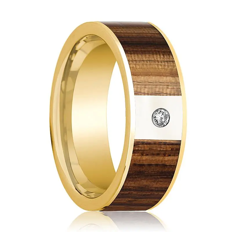 Flat 14K Yellow Gold Wedding Band For Men With Zebra Wood Inlay And White Diamond - 8Mm 1