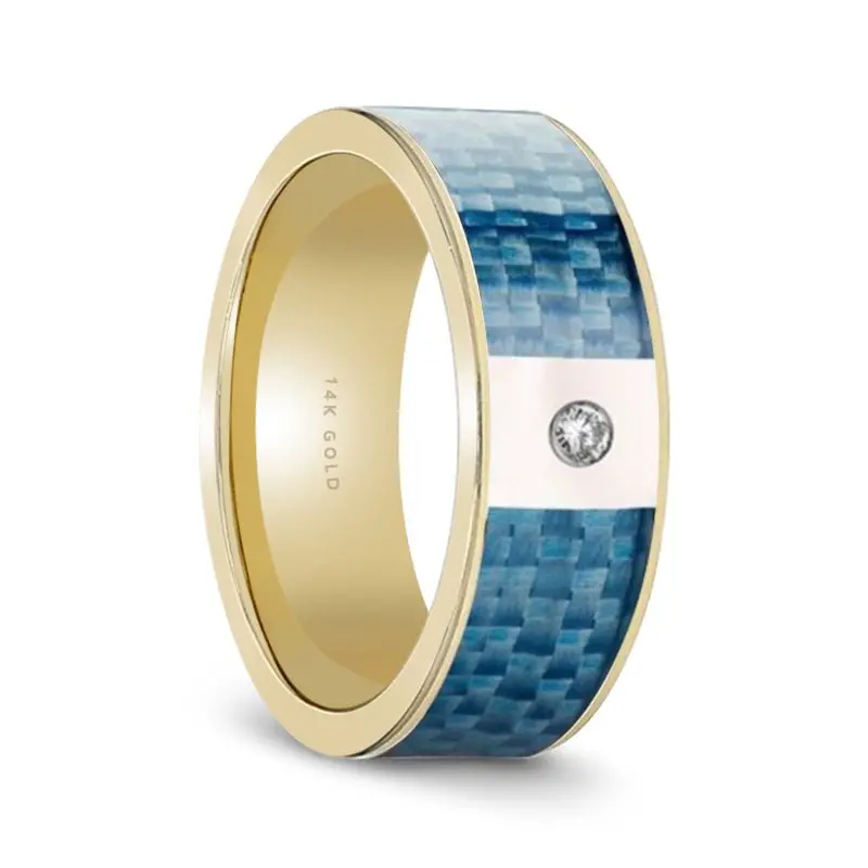 Flat Polished 14K Gold & Diamond Wedding Band For Men With Blue Carbon Fiber Inlay - 8Mm 1
