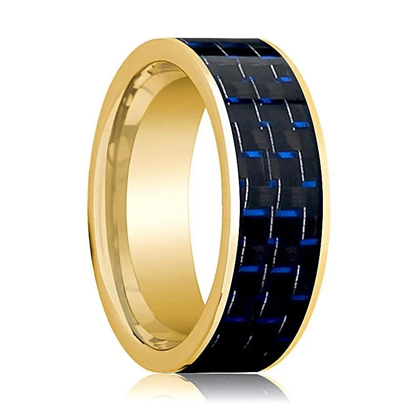 Flat Polished 14K Gold Wedding Band For Men With Blue And Black Carbon Fiber Inlay - 8Mm 1