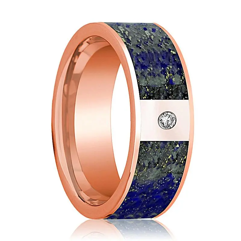 Flat Polished 14K Rose Gold And Diamond Wedding Band With Blue Lapis Lazuli Inlay - 8Mm 1