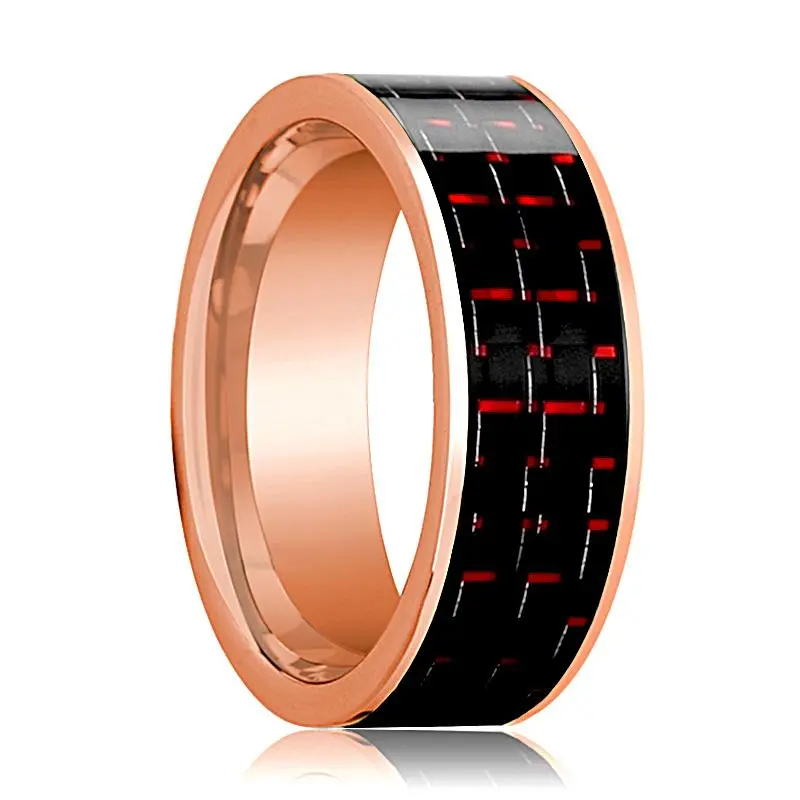 Flat Polished 14K Rose Gold Men's Wedding Band With Black And Red Carbon Fiber Inlay 1
