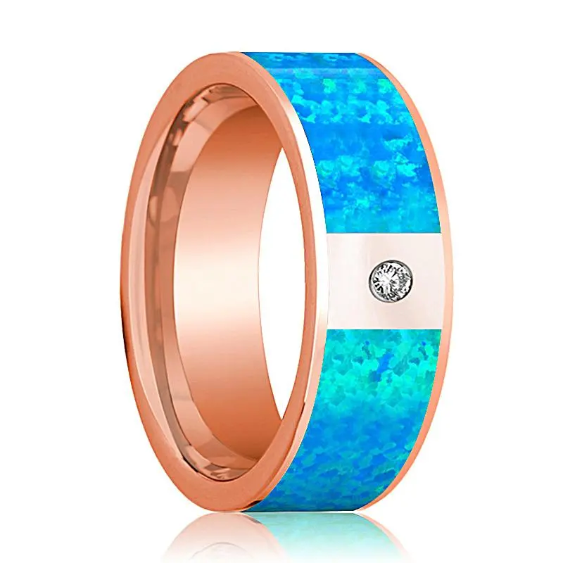 Flat Polished 14K Rose Gold Men's Wedding Band With Blue Opal Inlay And Diamond In Center - 8Mm 1