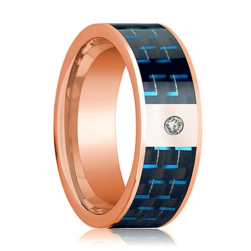Flat Polished 14K Rose Gold Men's Wedding Band With Diamond And Black & Blue Carbon Fiber Inlay - 8Mm 1