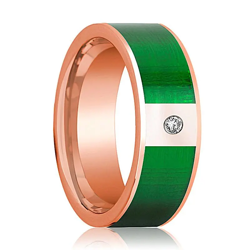 Flat Polished 14K Rose Gold Men's Wedding Band With Diamond And Textured Green Inlay - 8Mm 1