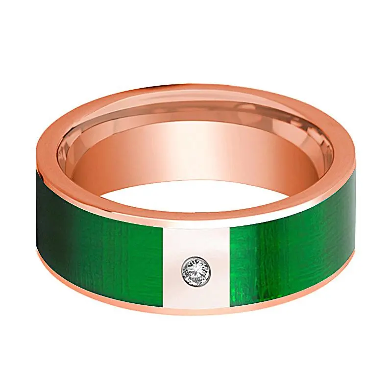 Flat Polished 14K Rose Gold Men's Wedding Band With Diamond And Textured Green Inlay - 8Mm 2