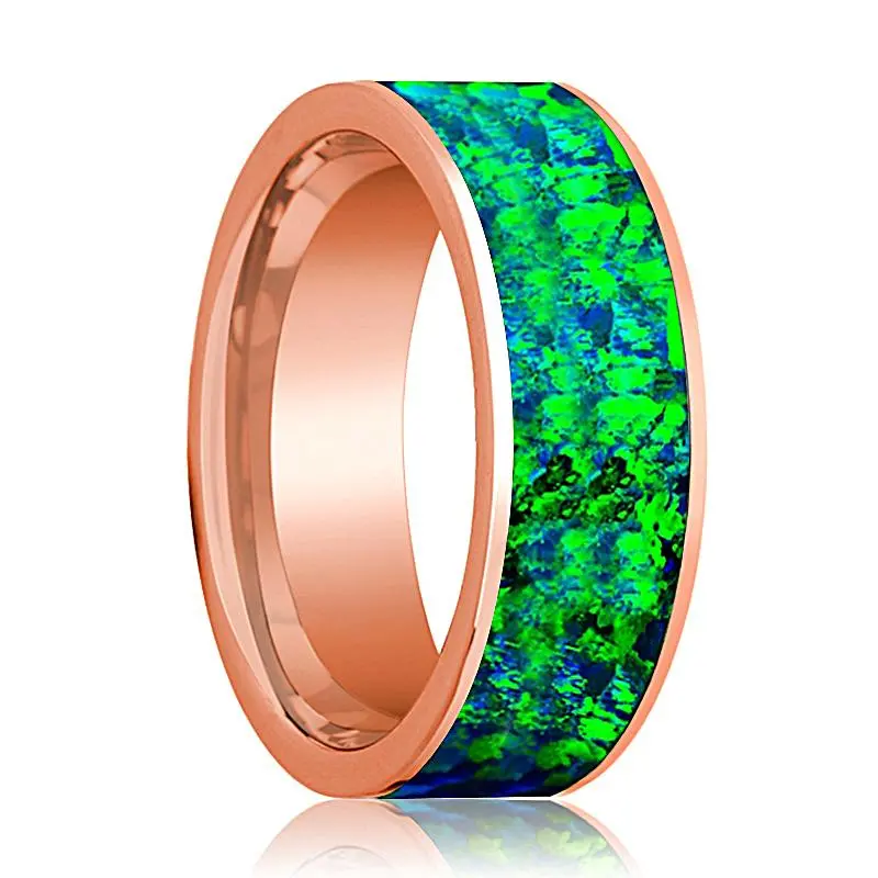 Flat Polished 14K Rose Gold Wedding Band For Men With Emerald Green And Sapphire Blue Opal Inlay - 8Mm 1