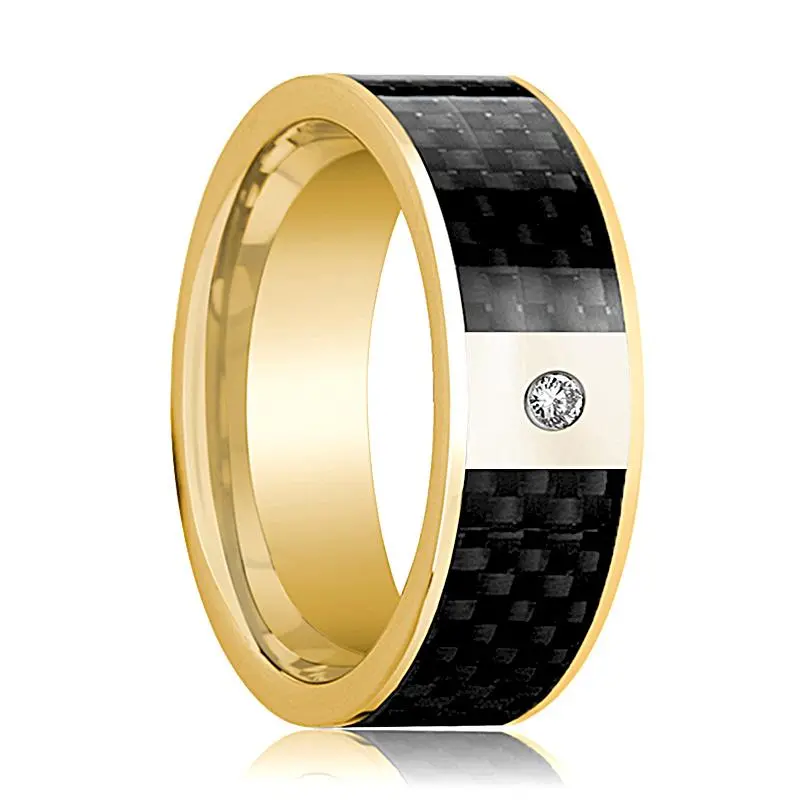 Flat Polished 14K Yellow Gold And Diamond Men's Wedding Band With Black Carbon Fiber Inlay - 8Mm 1