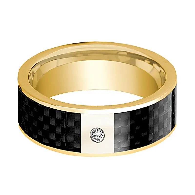 Flat Polished 14K Yellow Gold And Diamond Men's Wedding Band With Black Carbon Fiber Inlay - 8Mm 2