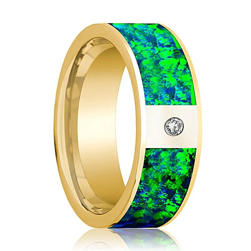 Flat Polished 14K Yellow Gold And Diamond Men's Wedding Band With Emerald Green And Sapphire Blue Opal Inlay - 8Mm 1