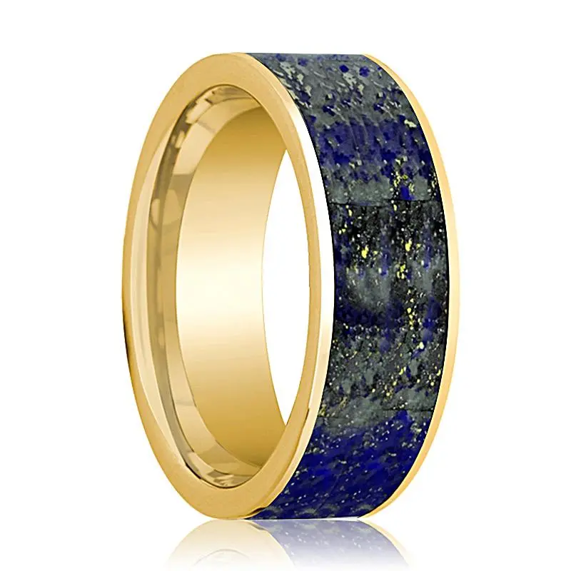 Flat Polished 14K Yellow Gold Men's Wedding Band With Blue Lapis Lazuli Inlay - 8Mm 1