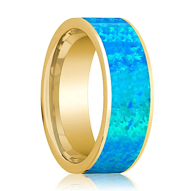 Flat Polished 14K Yellow Gold Men's Wedding Band With Blue Opal Inlay - 8Mm 1
