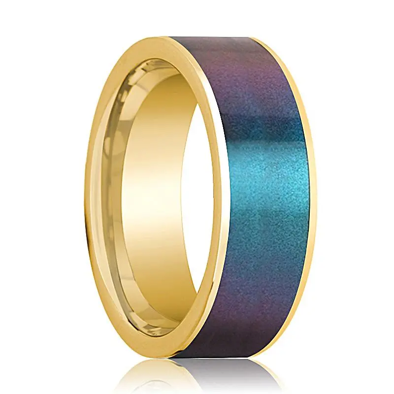 Flat Polished 14K Yellow Gold Men's Wedding Band With Blue/Purple Color Changing Inlay - 8Mm 1