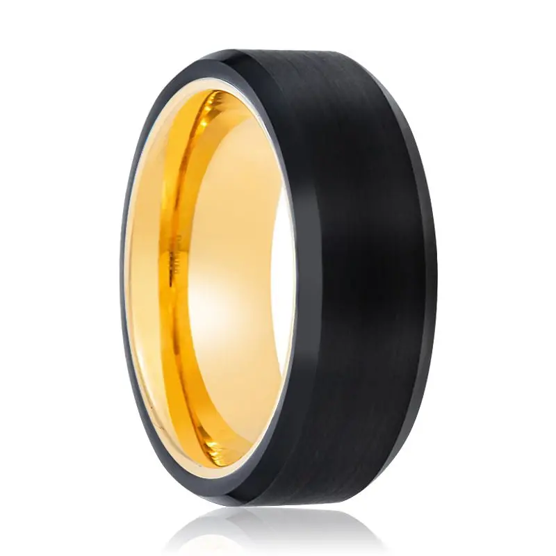 Fleur | Gold Ring, Black Tungsten Ring, Brushed, Beveled 1